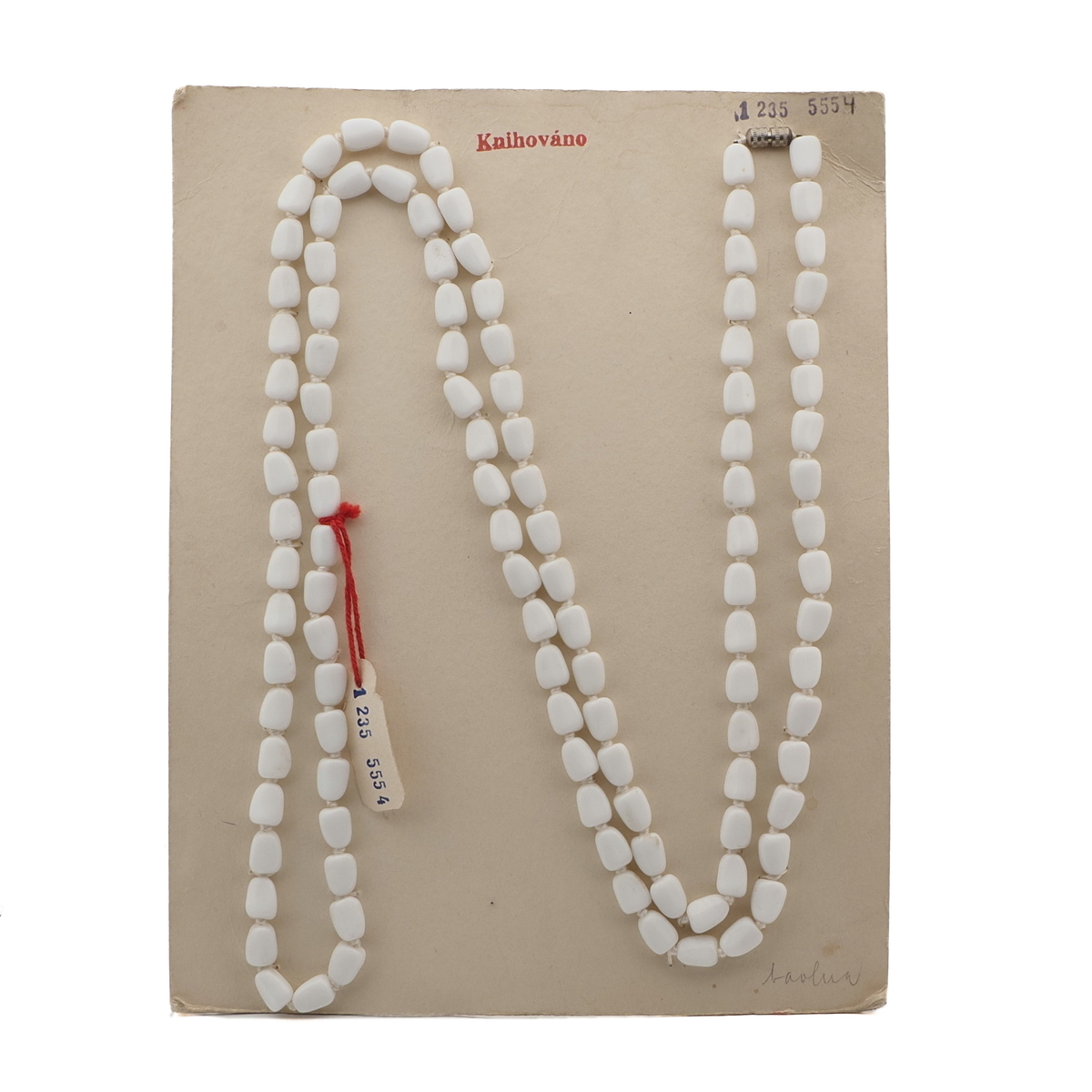 Long Vintage Czech knotted necklace white glass beads 45"