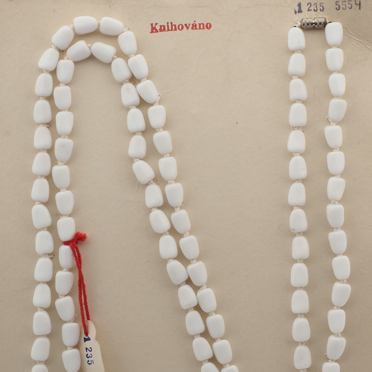 Long Vintage Czech knotted necklace white glass beads 45"