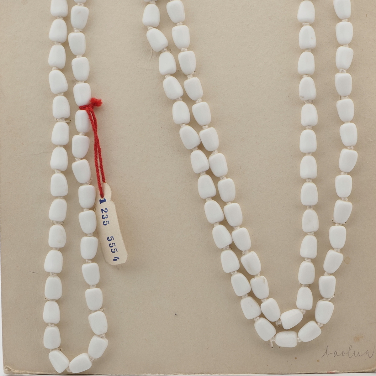 Long Vintage Czech knotted necklace white glass beads 45"