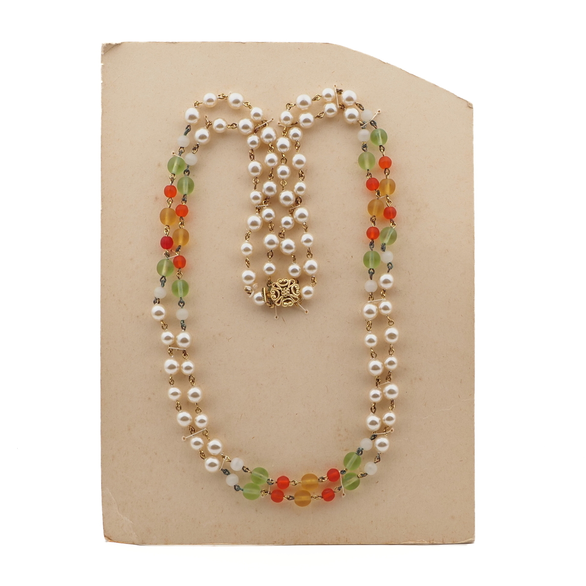 Vintage Czech 2 strand link necklace pearl topaz orange glass beads 