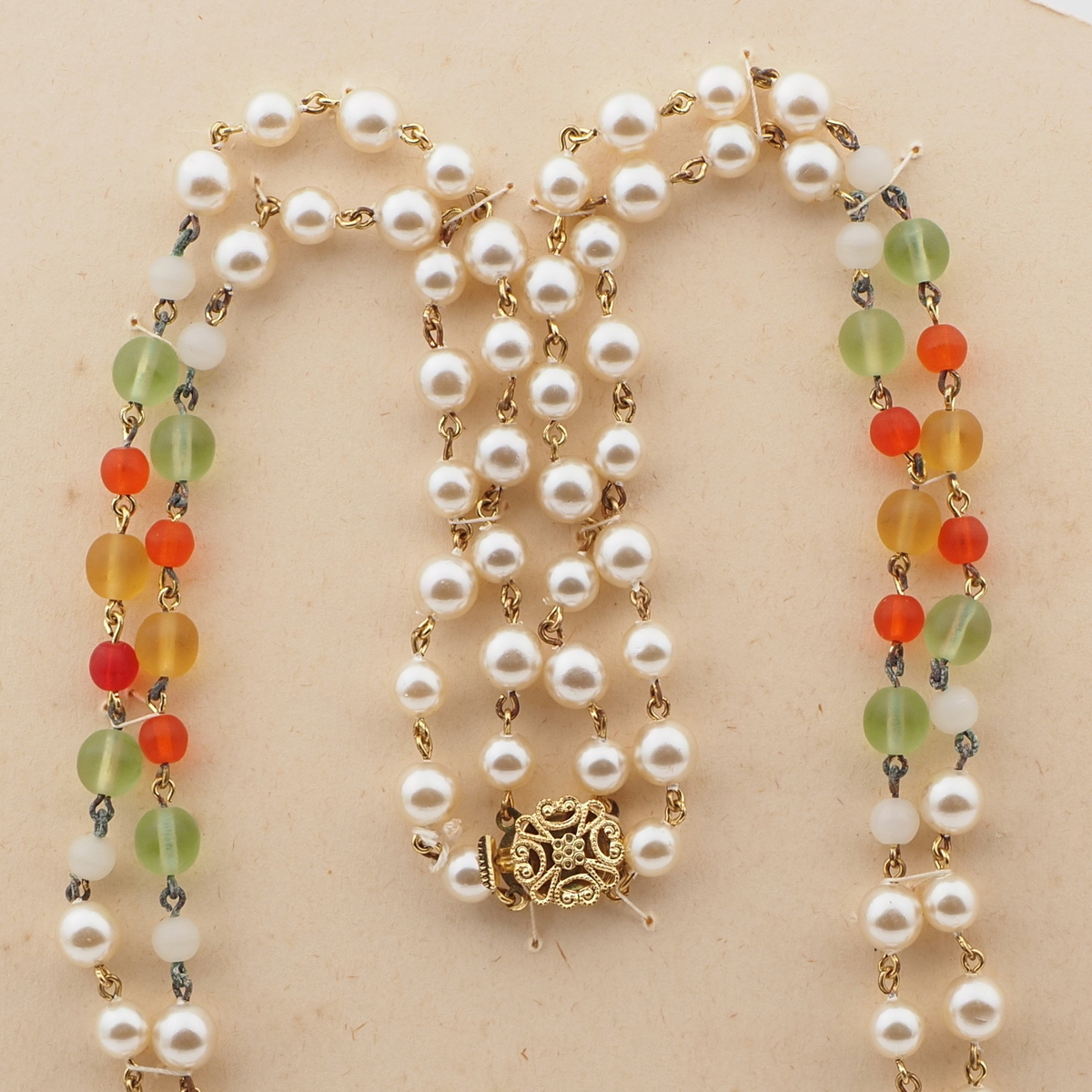 Vintage Czech 2 strand link necklace pearl topaz orange glass beads 