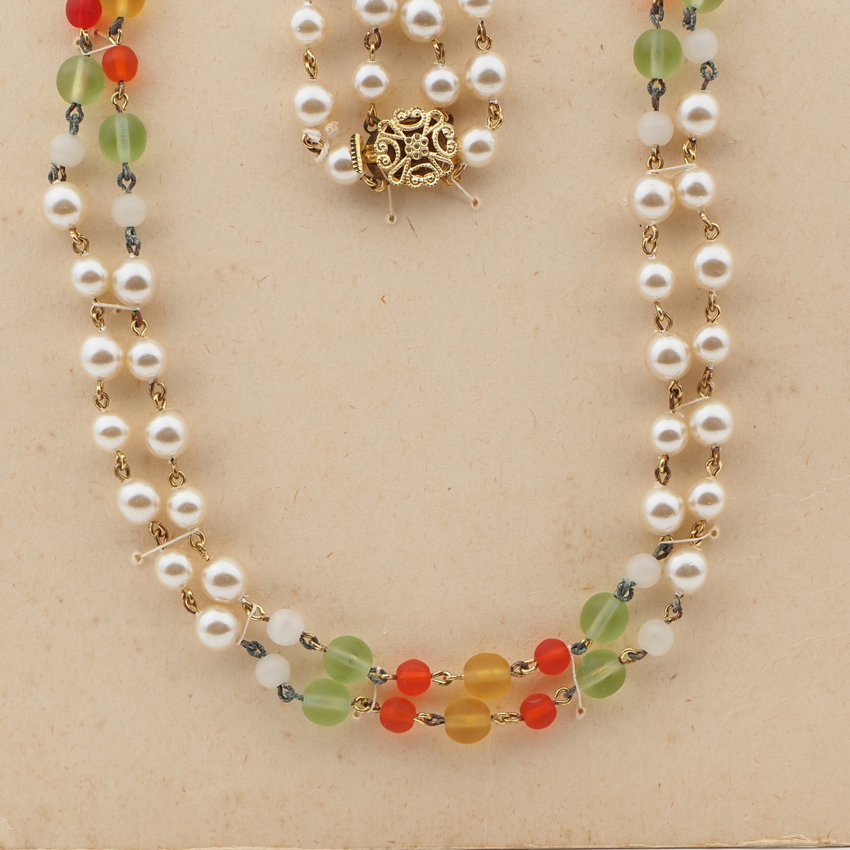 Vintage Czech 2 strand link necklace pearl topaz orange glass beads 