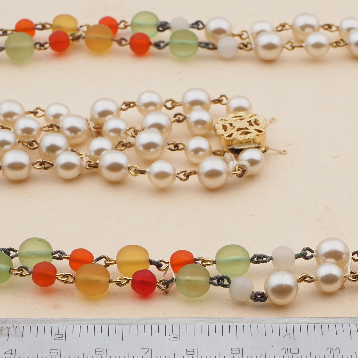 Vintage Czech 2 strand link necklace pearl topaz orange glass beads 