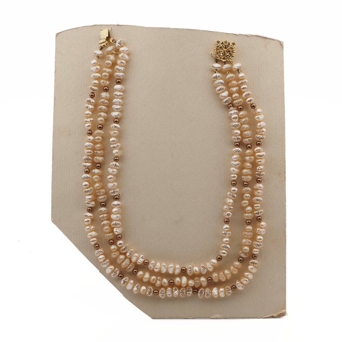 Vintage Czech 3 strand necklace pearl bronze glass beads 