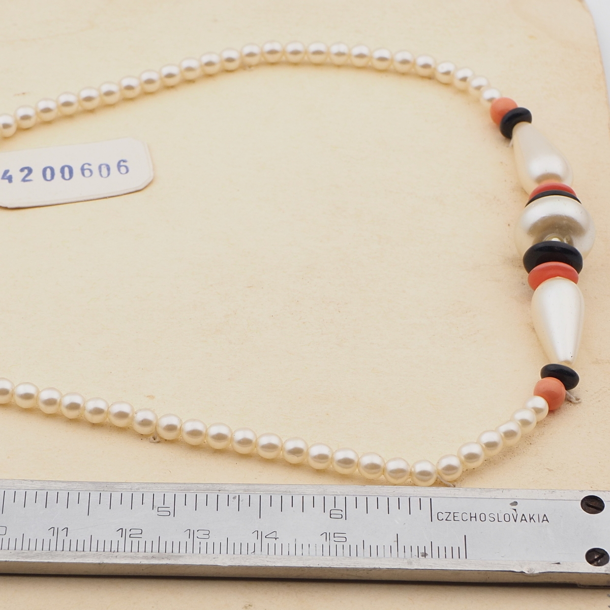 Vintage Czech necklace pearl black coral pink glass beads 