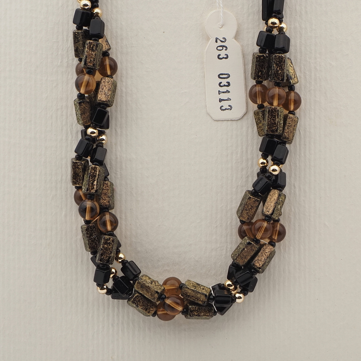Vintage Czech 3 strand necklace black metallic marble glass beads