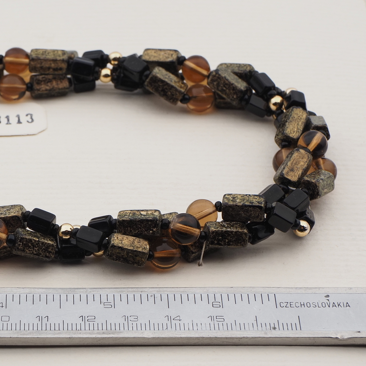 Vintage Czech 3 strand necklace black metallic marble glass beads