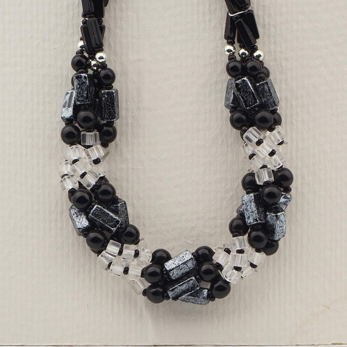 Vintage Czech 4 strand necklace black metallic marble glass beads