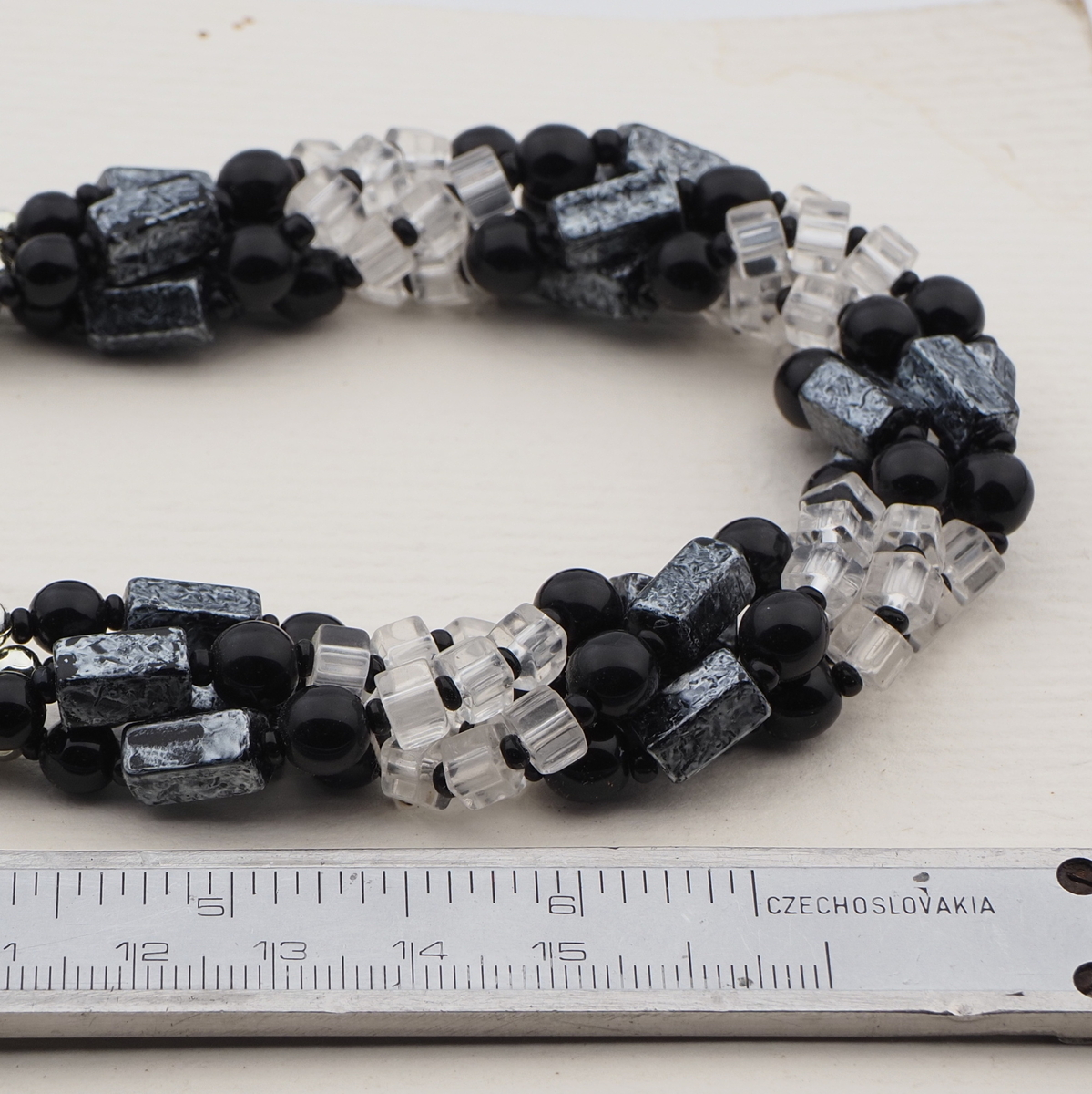 Vintage Czech 4 strand necklace black metallic marble glass beads