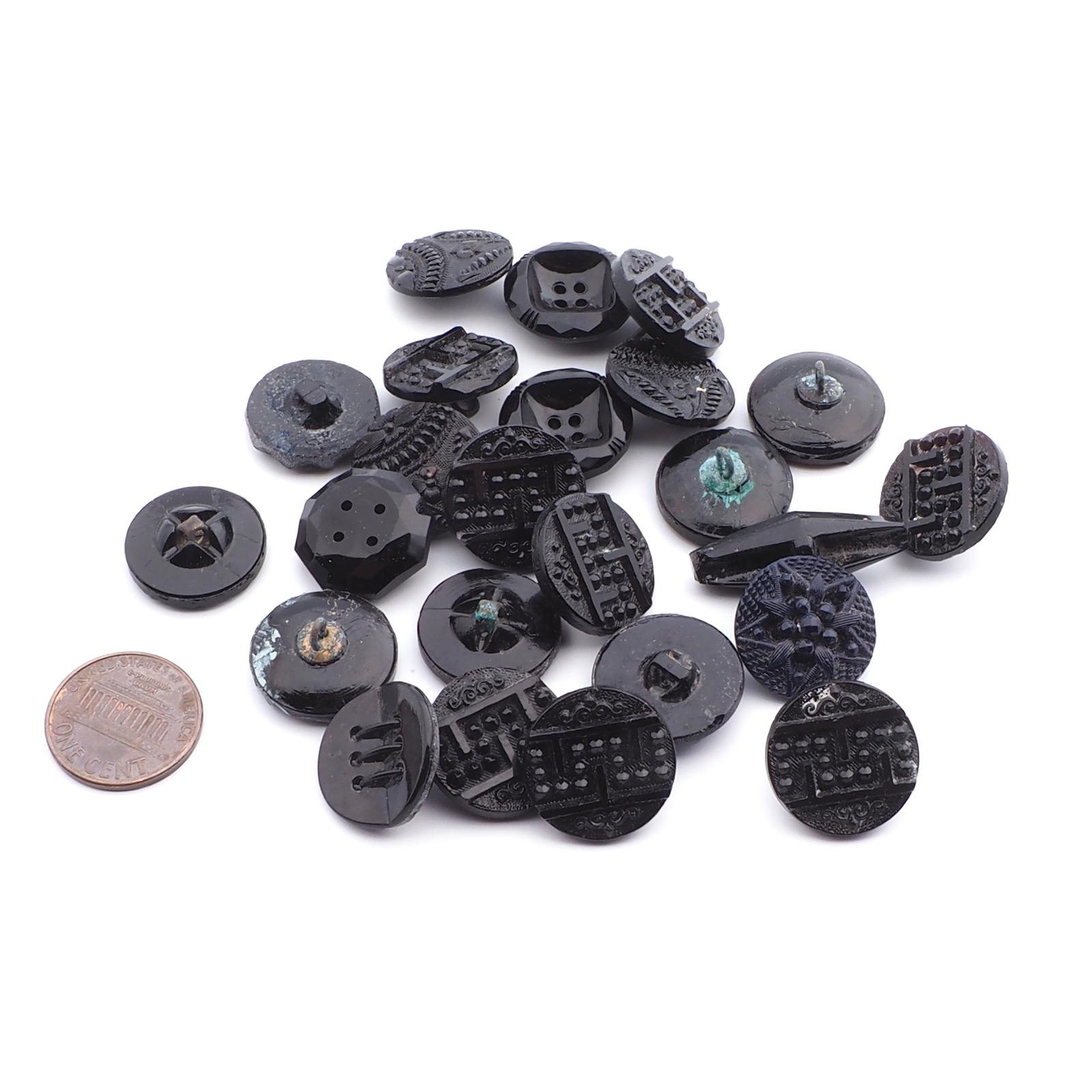 Lot (24) Czech antique geometric floral black blue glass buttons