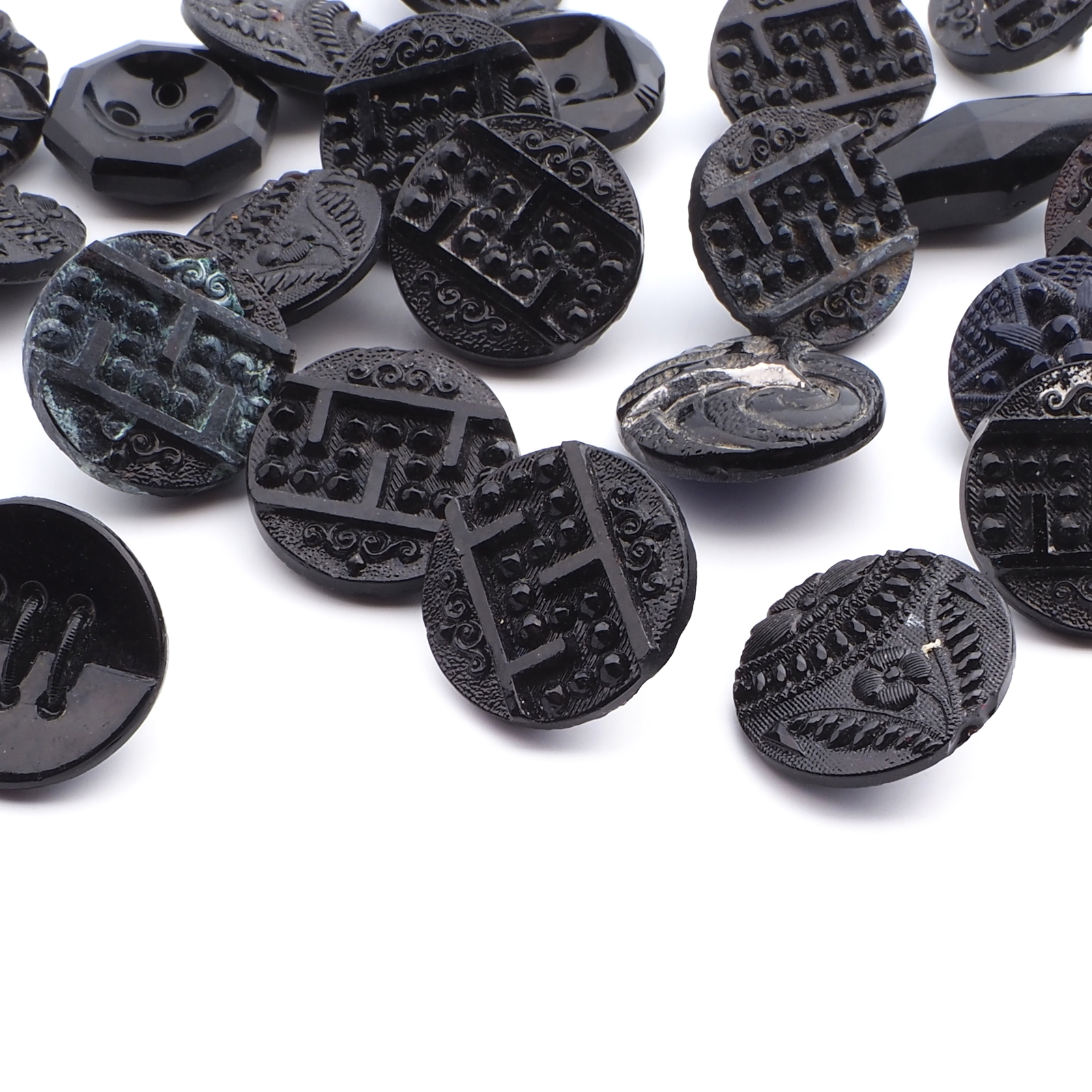 Lot (24) Czech antique geometric floral black blue glass buttons