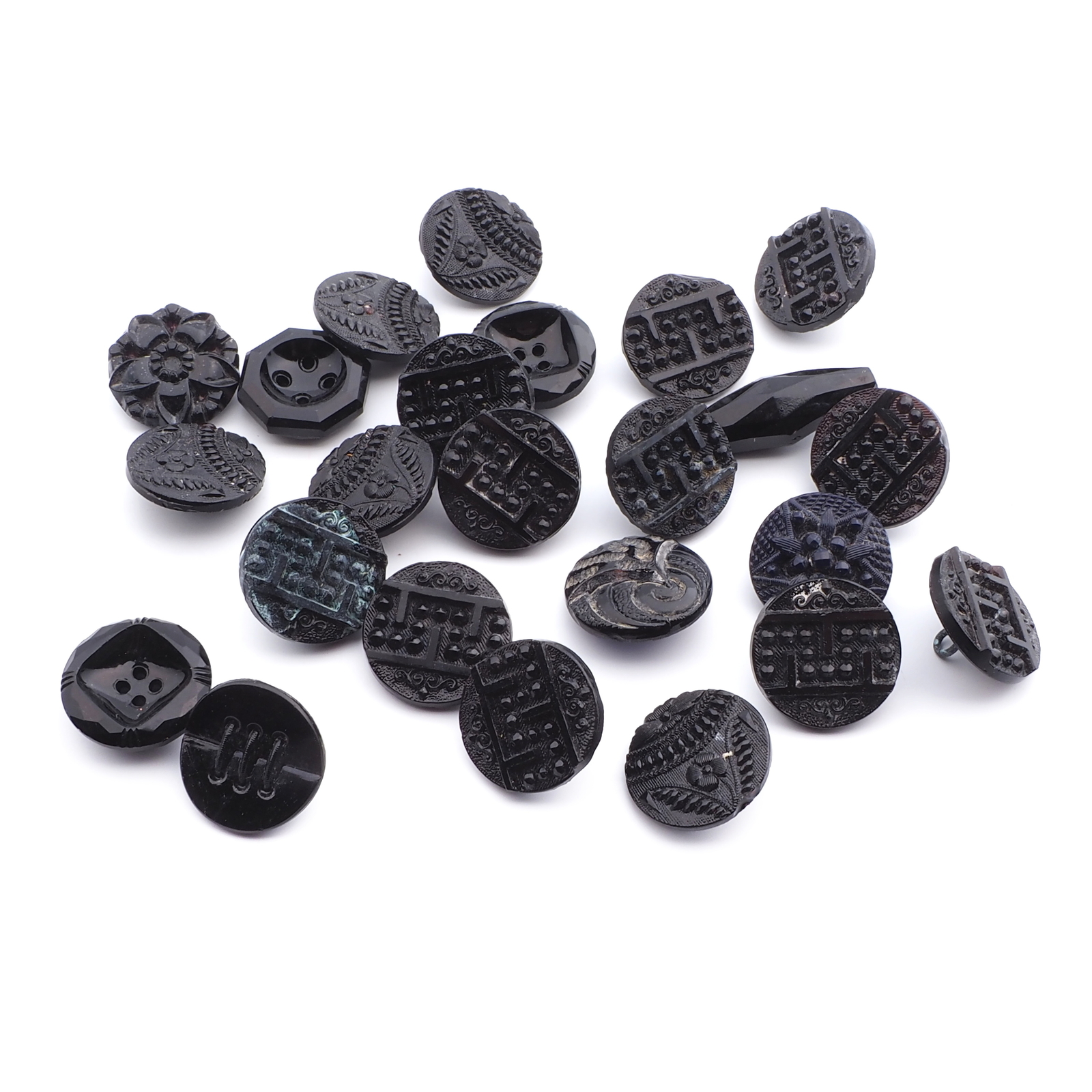 Lot (24) Czech antique geometric floral black blue glass buttons