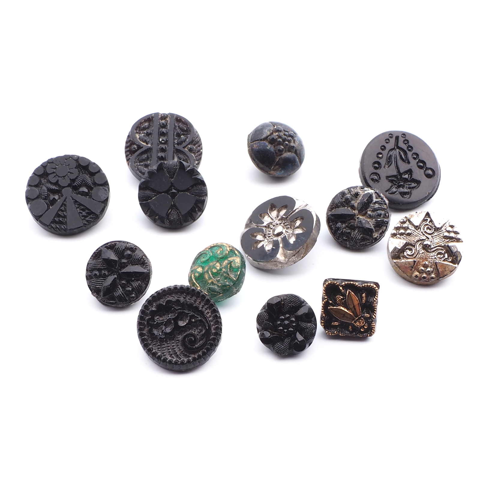 Lot (13) Czech antique Victorian geometric floral lustre dimi black glass buttons
