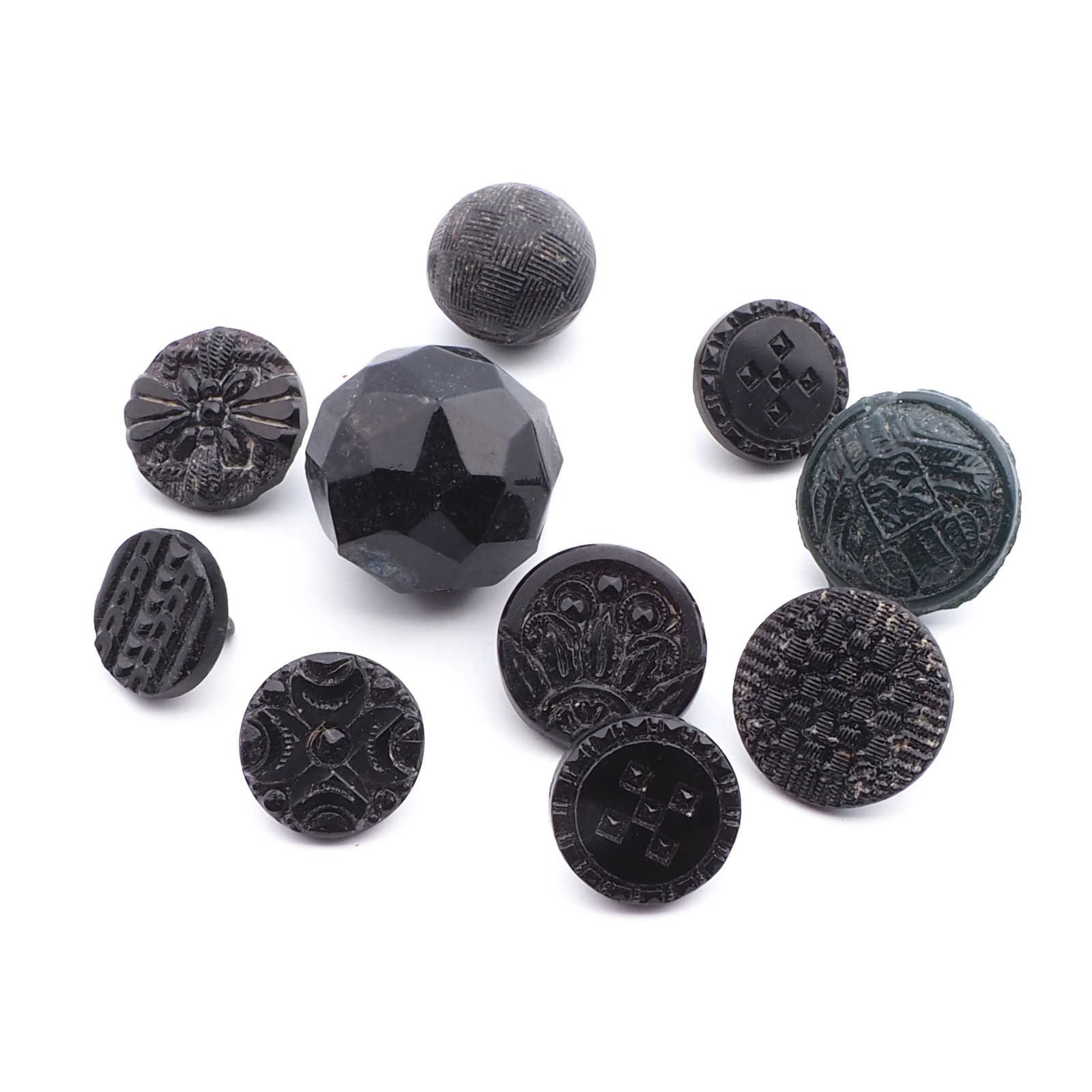 Lot (9) Czech antique Victorian geometric floral small black glass buttons