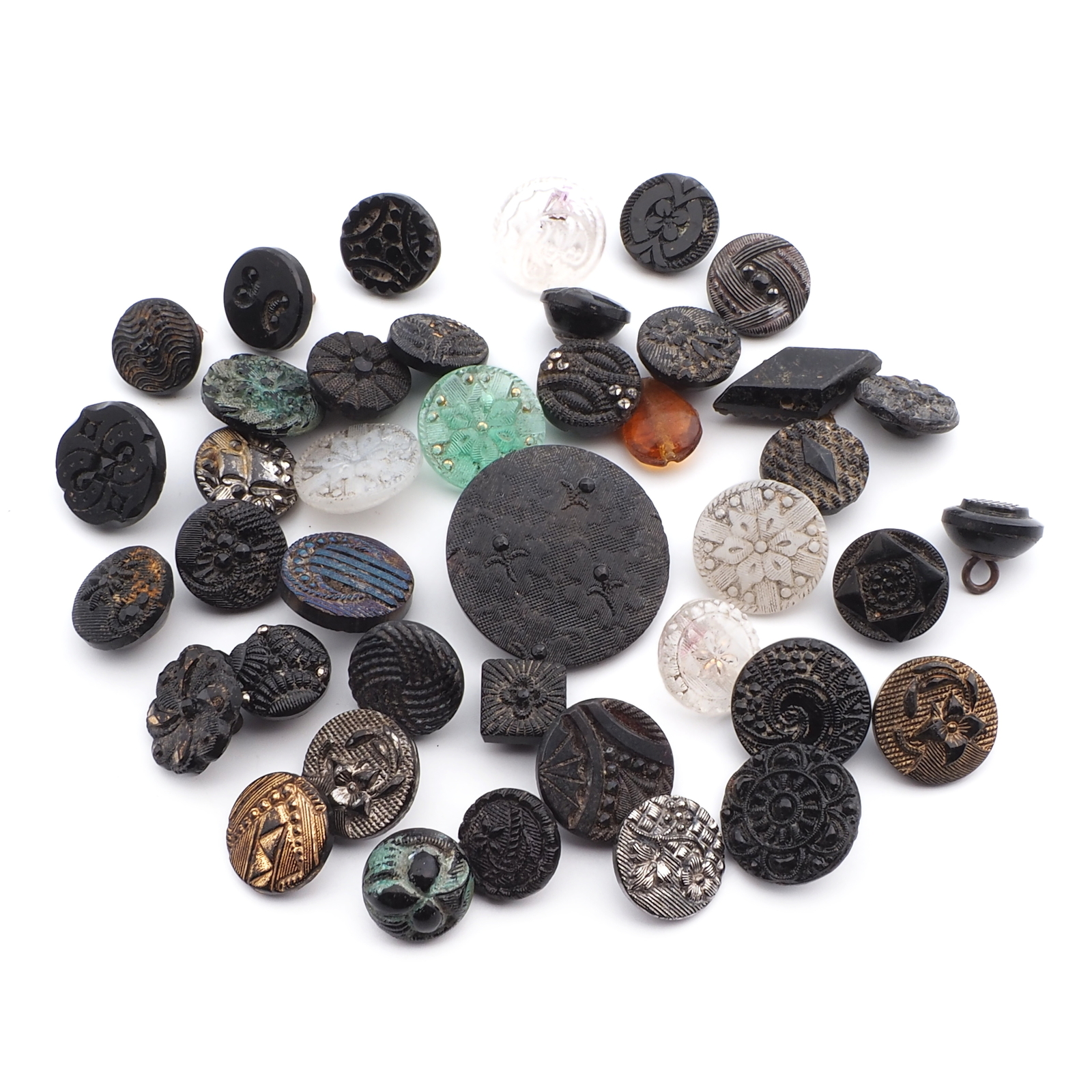 Lot (38) Czech antique geometric floral glass buttons