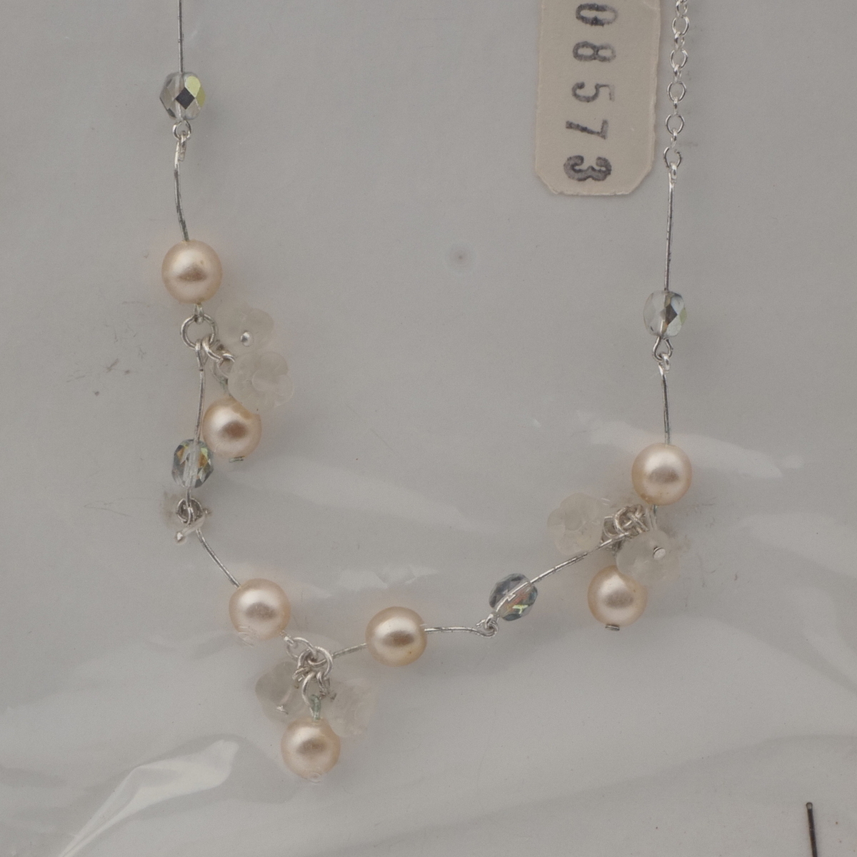 Vintage Czech silver link chain necklace clear flower AB pearl round glass beads 18"