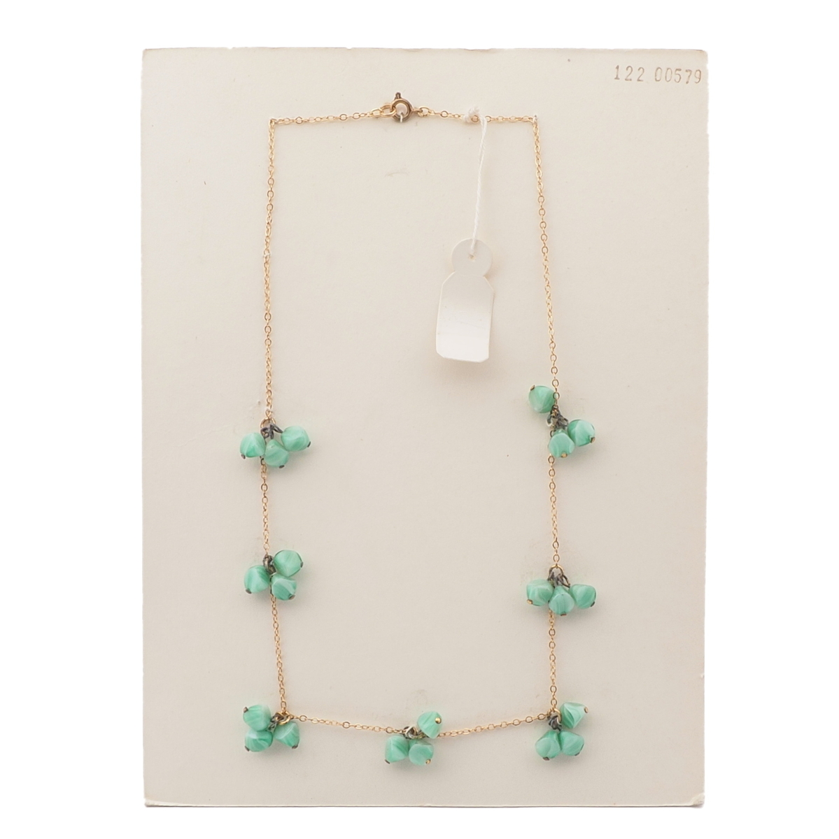 Vintage Czech gold link chain necklace green marble pendant cluster glass beads 20"