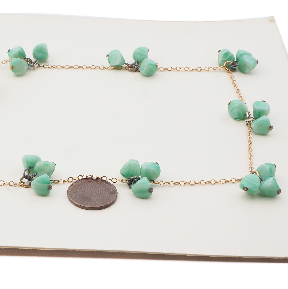 Vintage Czech gold link chain necklace green marble pendant cluster glass beads 20"