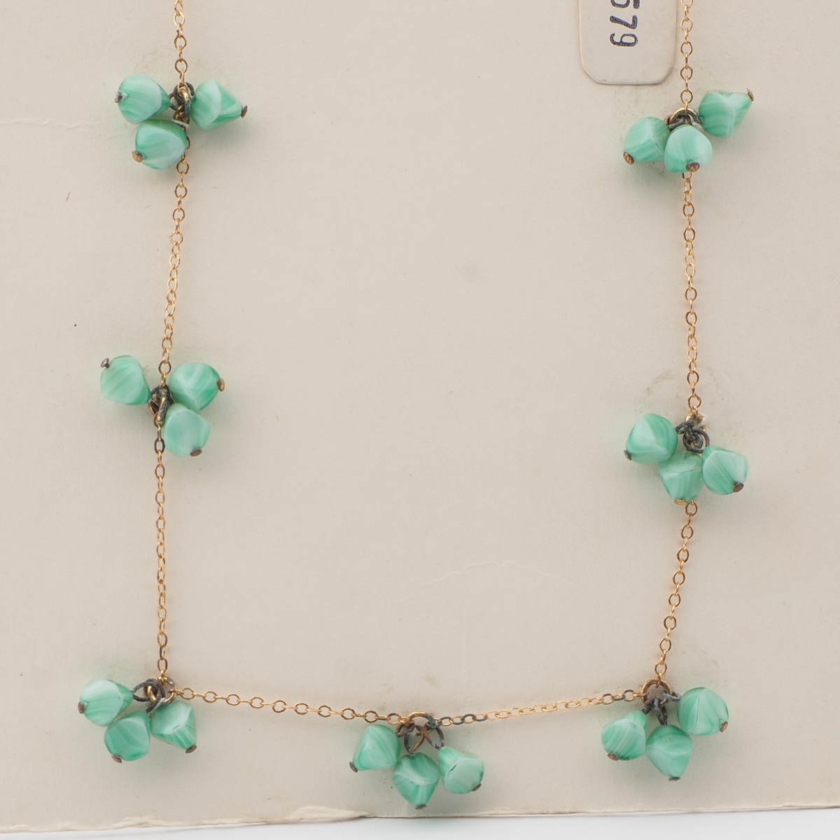Vintage Czech gold link chain necklace green marble pendant cluster glass beads 20"
