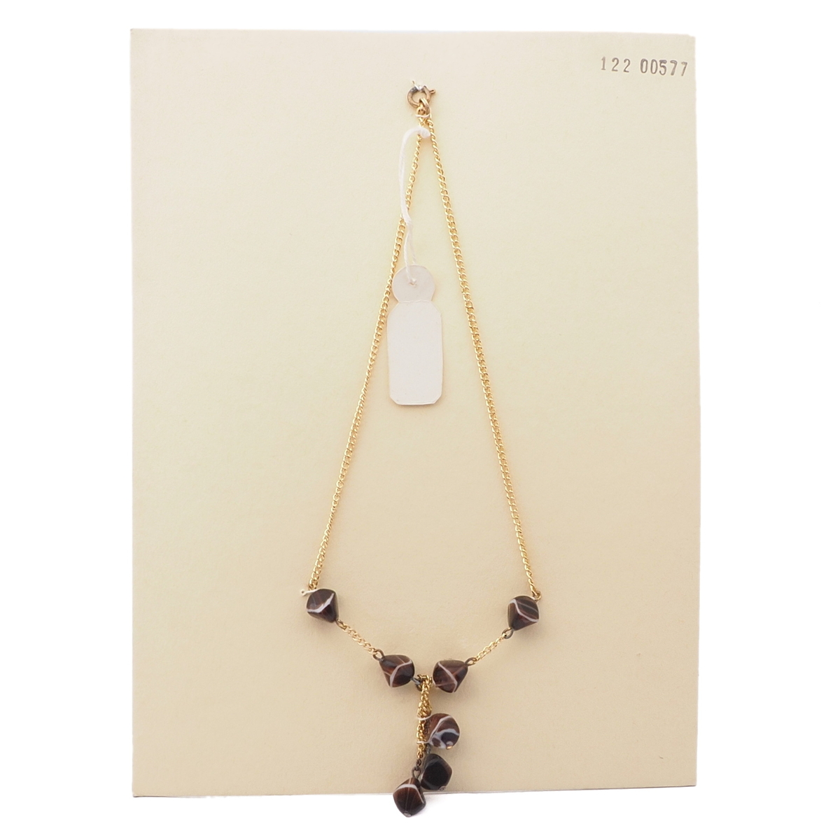 Vintage Czech gold link chain necklace brown marble glass beads 15"