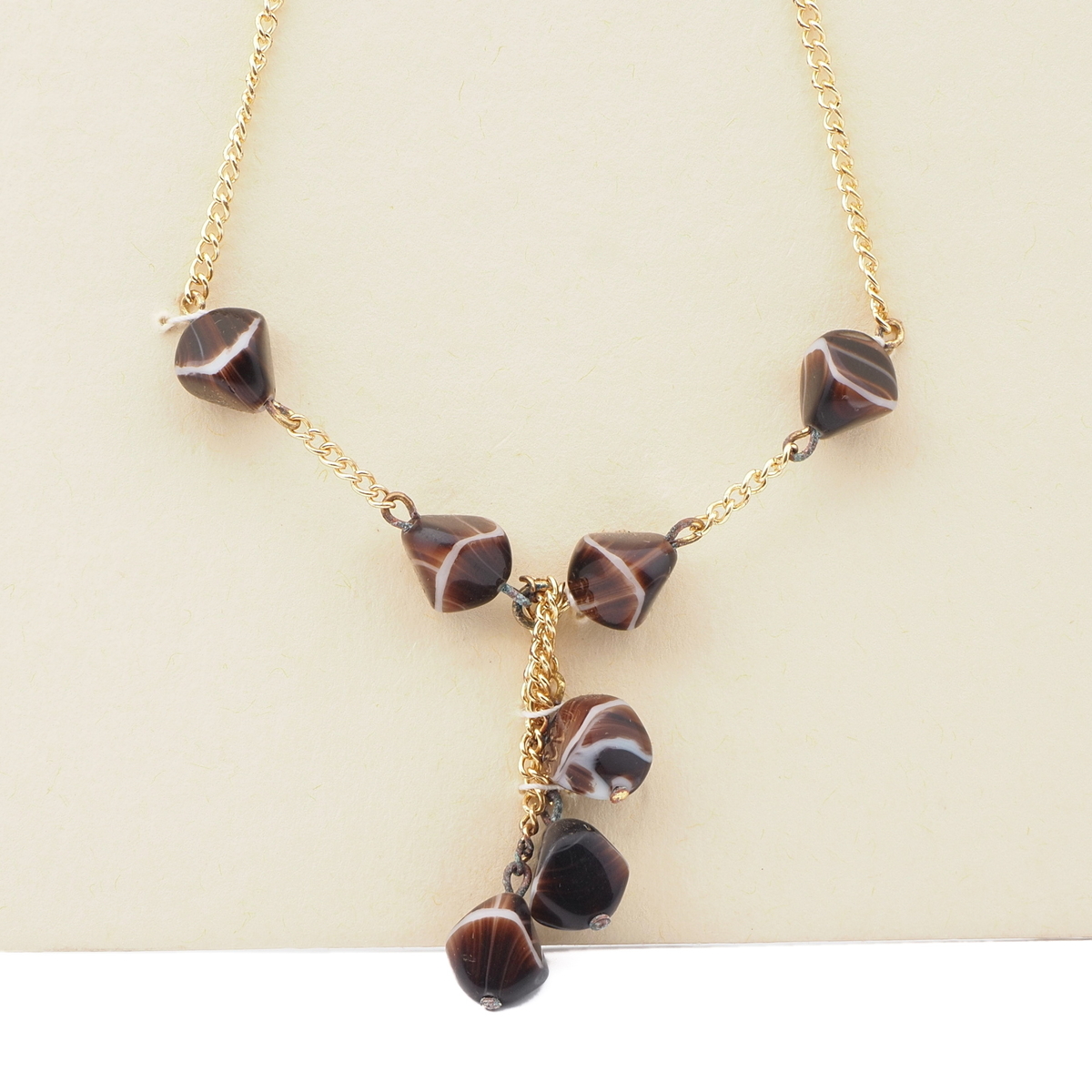 Vintage Czech gold link chain necklace brown marble glass beads 15"