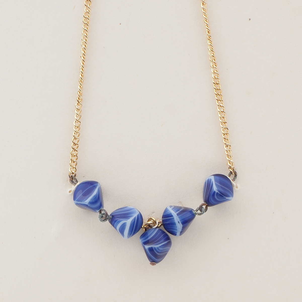 Vintage Czech gold link chain necklace blue marble glass beads 15"