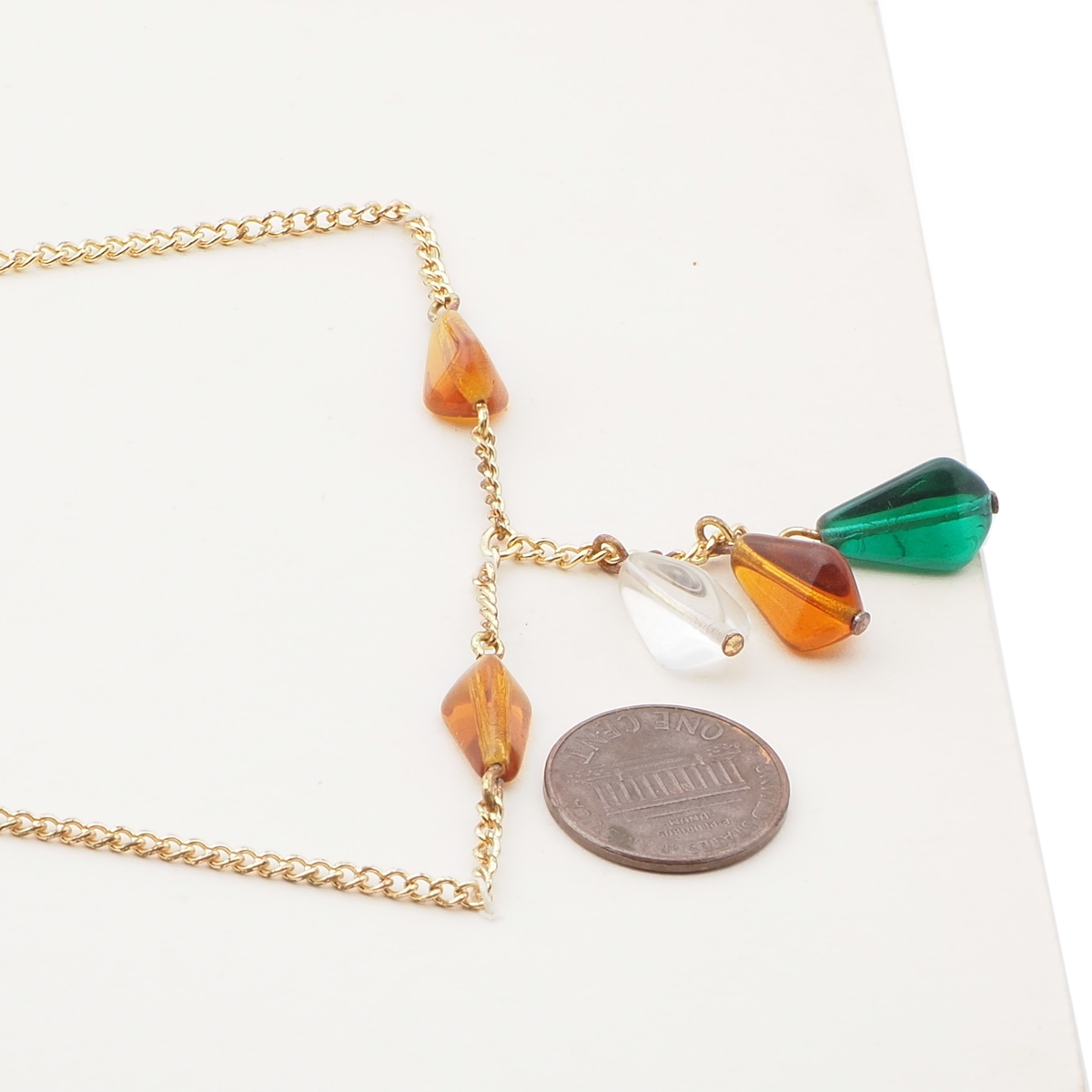 Vintage Czech gold link chain necklace triangle glass beads 16"