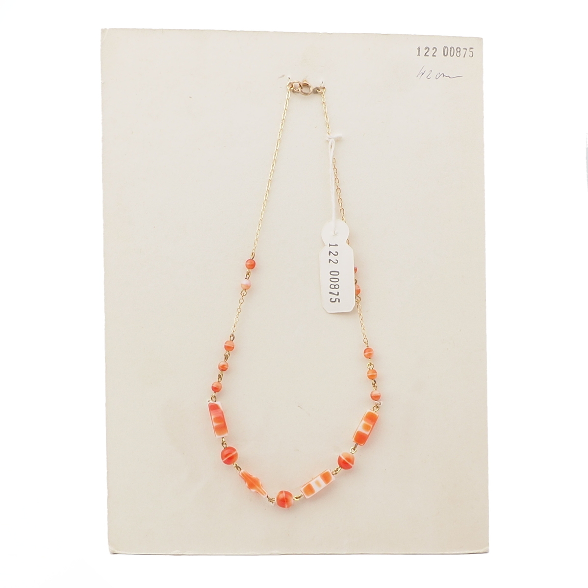 Vintage Czech gold link chain necklace orange marble round rectangle glass beads 16"