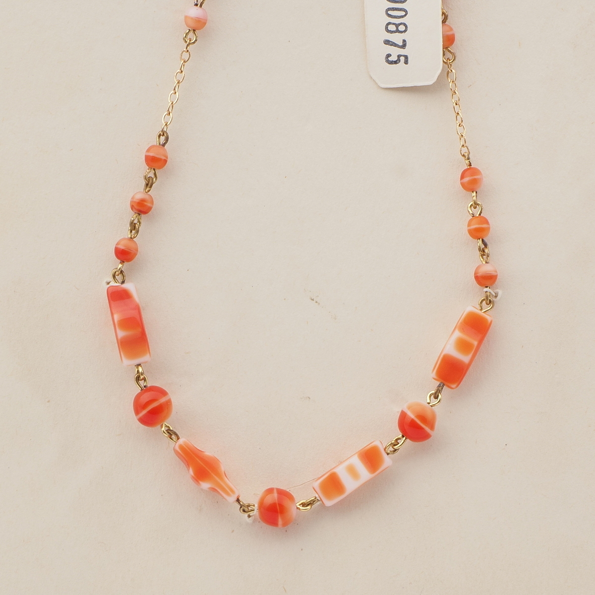 Vintage Czech gold link chain necklace orange marble round rectangle glass beads 16"