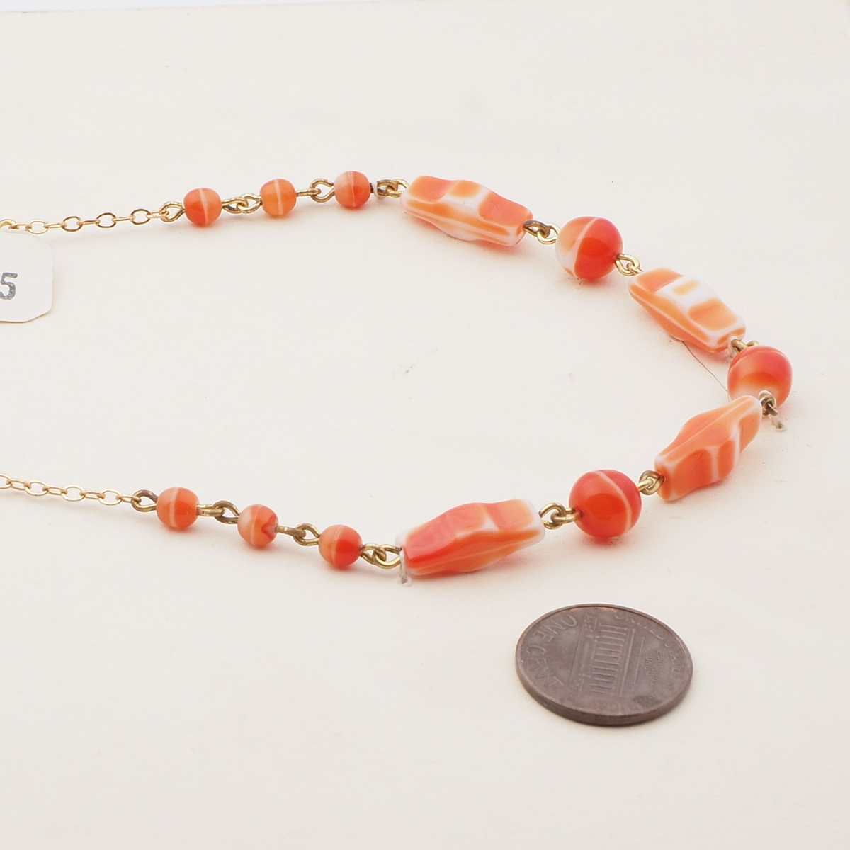 Vintage Czech gold link chain necklace orange marble round rectangle glass beads 16"