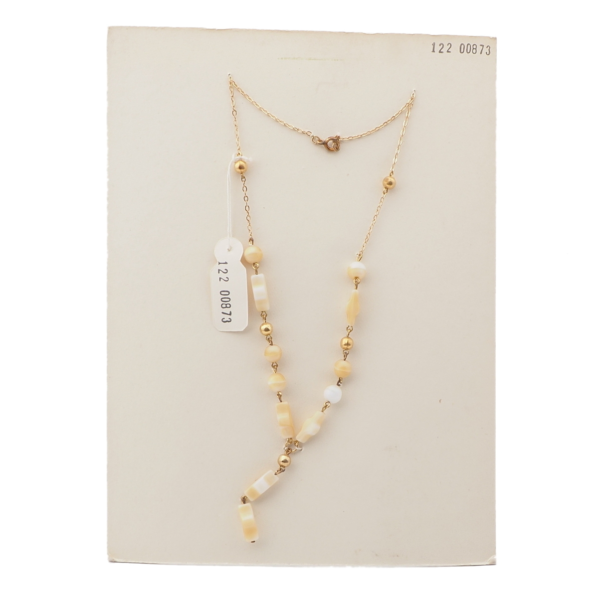 Vintage Czech gold link chain necklace yellow marble round rectangle glass beads 16"