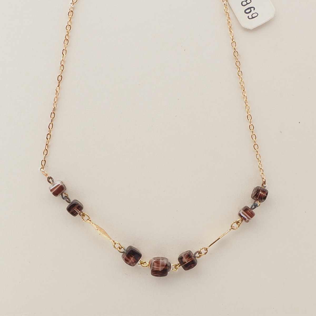 Vintage Czech gold chain necklace marble cube glass beads 16"