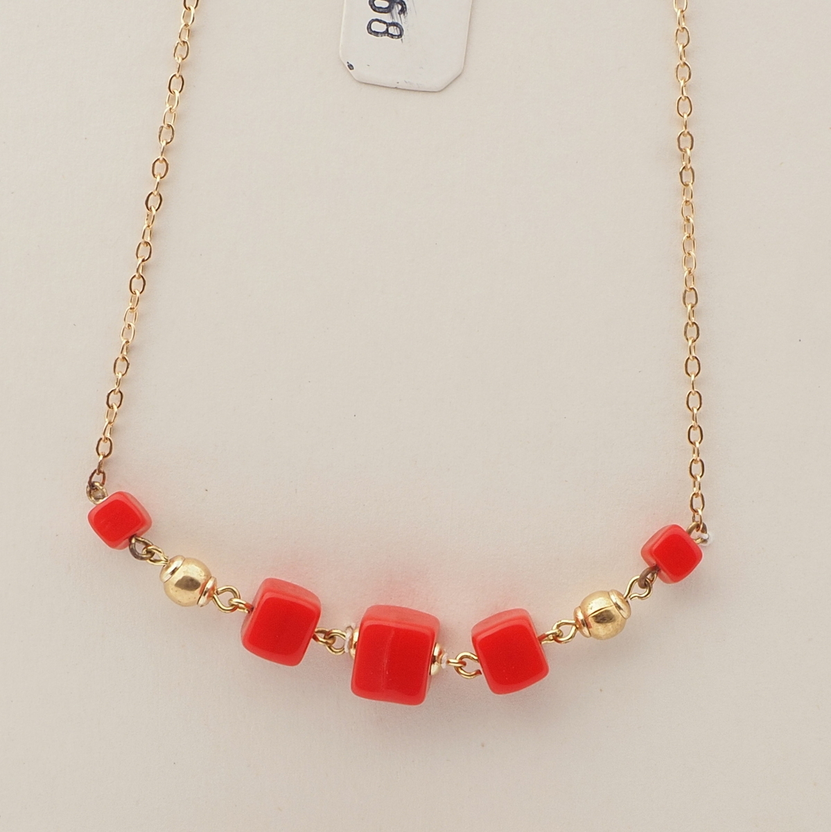 Vintage Czech gold chain necklace red cube glass beads 16"