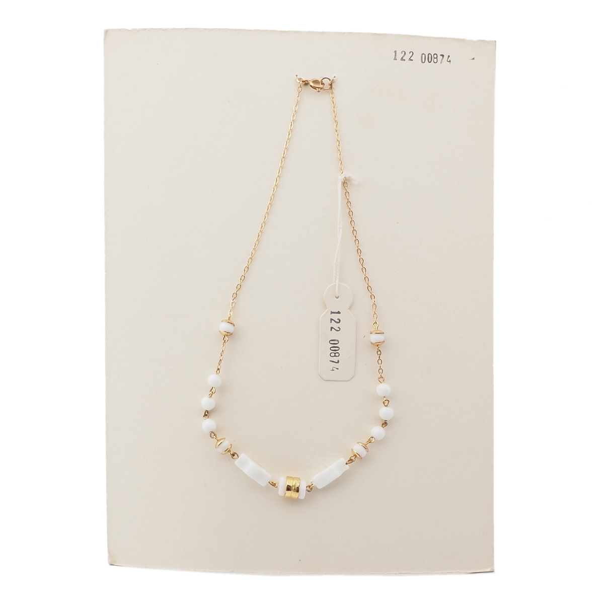 Vintage Czech gold chain necklace white round rectangle glass beads 16"