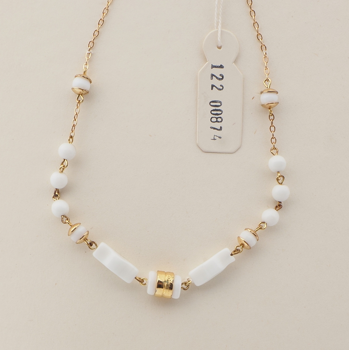 Vintage Czech gold chain necklace white round rectangle glass beads 16"