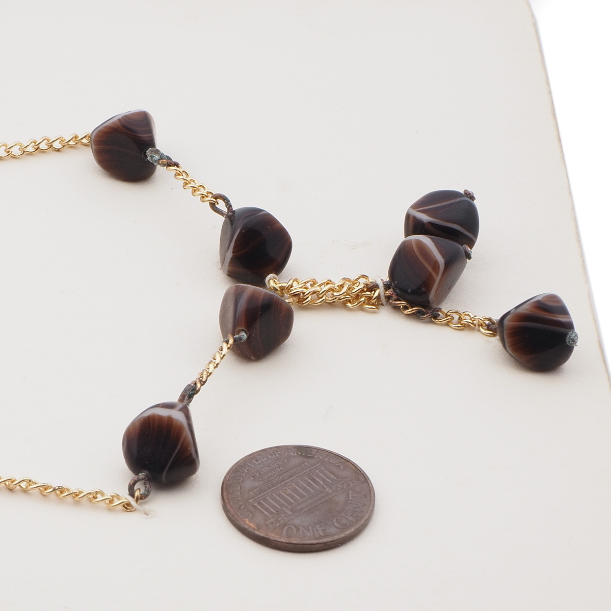 Vintage Czech gold link chain necklace brown marble glass beads 15"