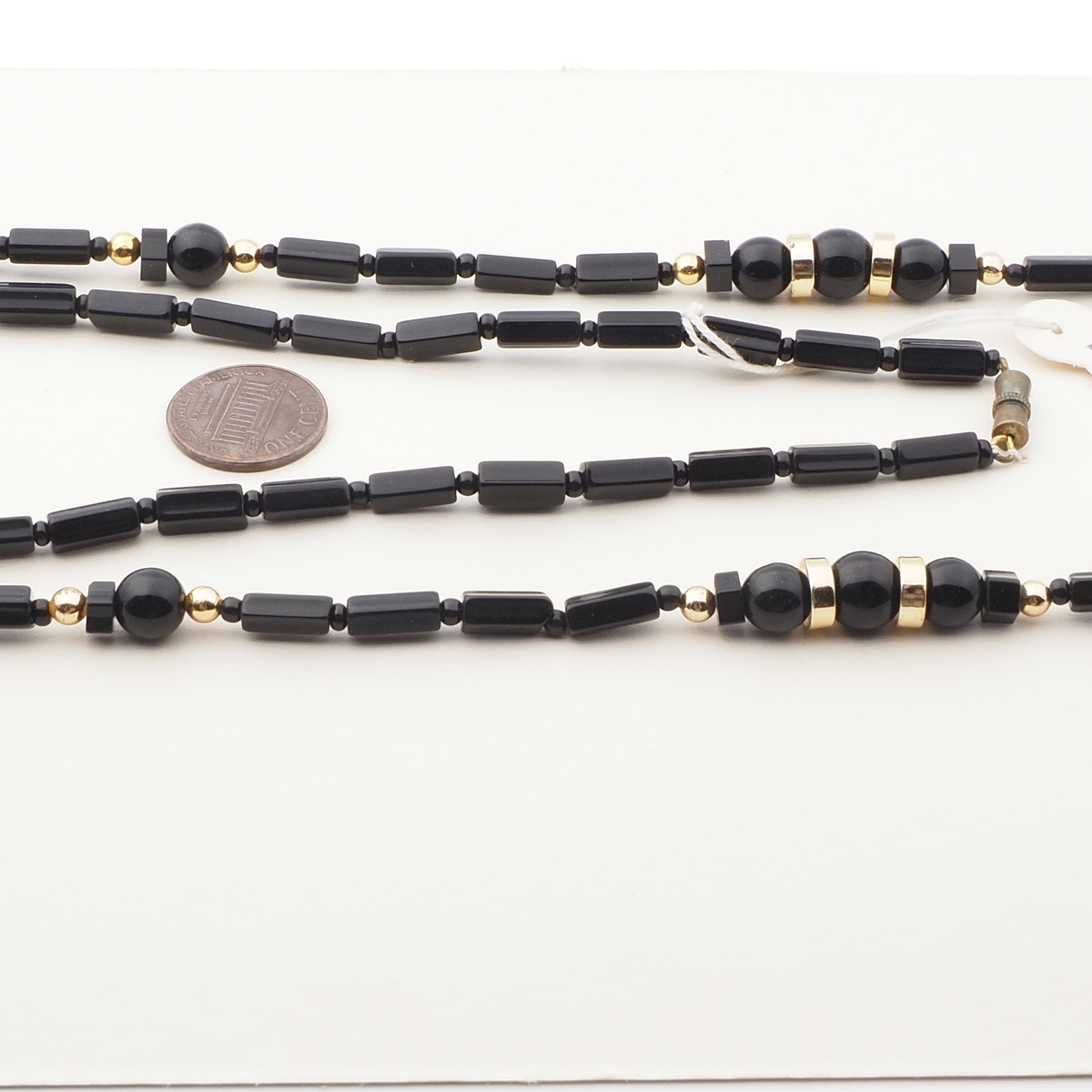 Vintage Czech necklace black pentagon round rondelle glass beads 28"