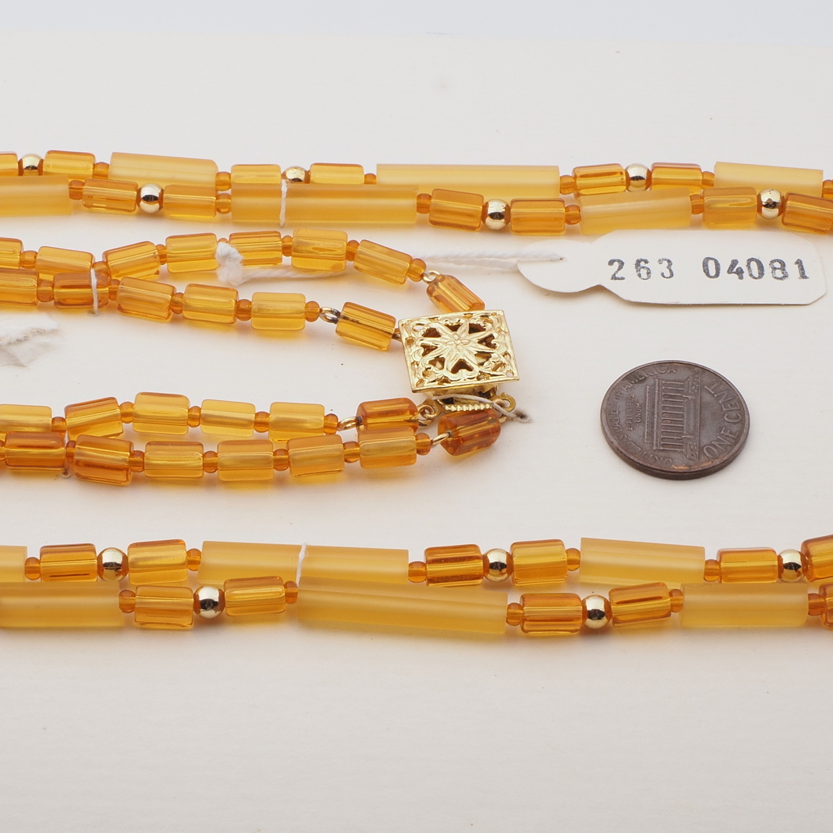 Vintage Czech 2 strand necklace transparent frost topaz pentagon silver glass beads 22"
