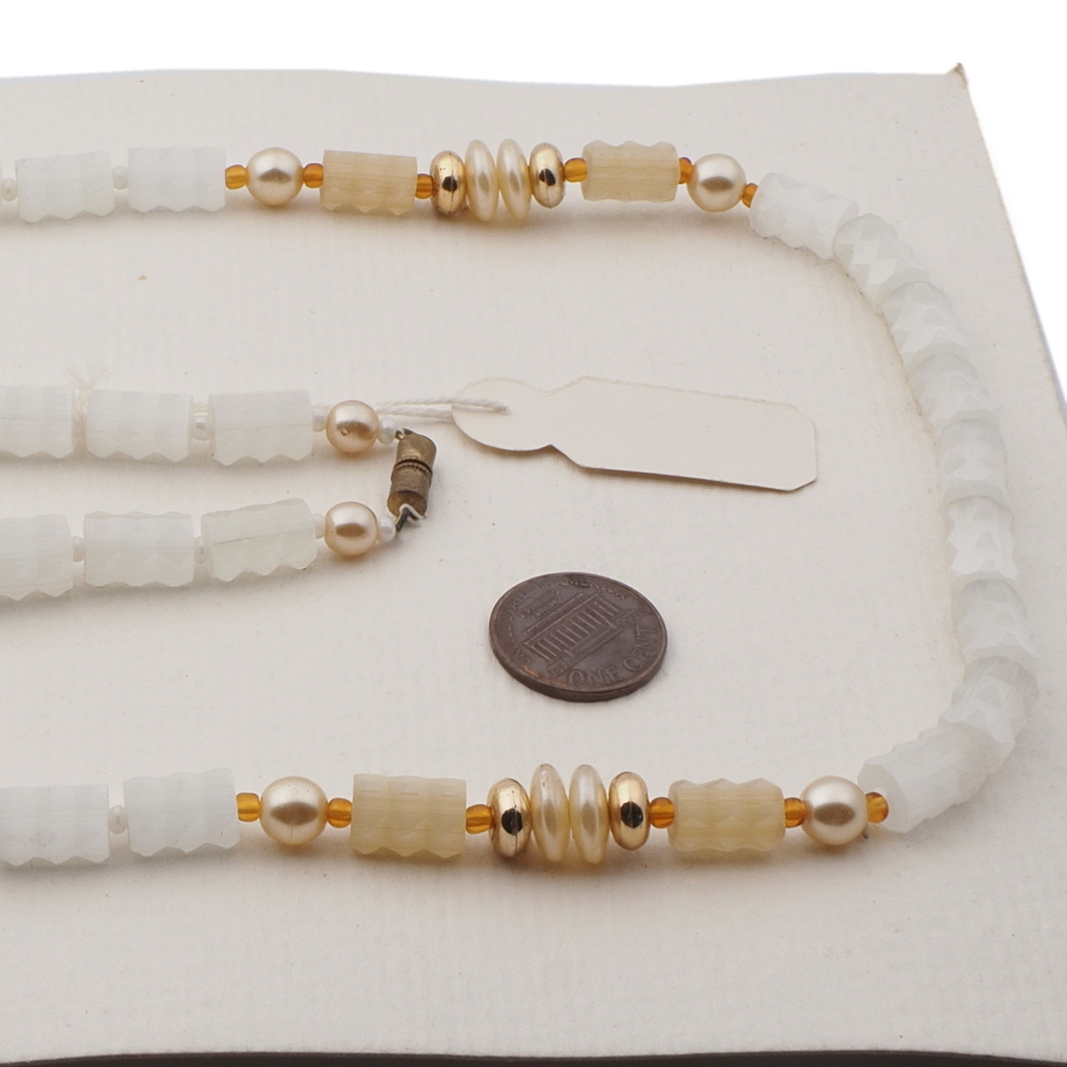 Vintage Czech necklace crystal topaz satin atlas pearl glass beads 27"