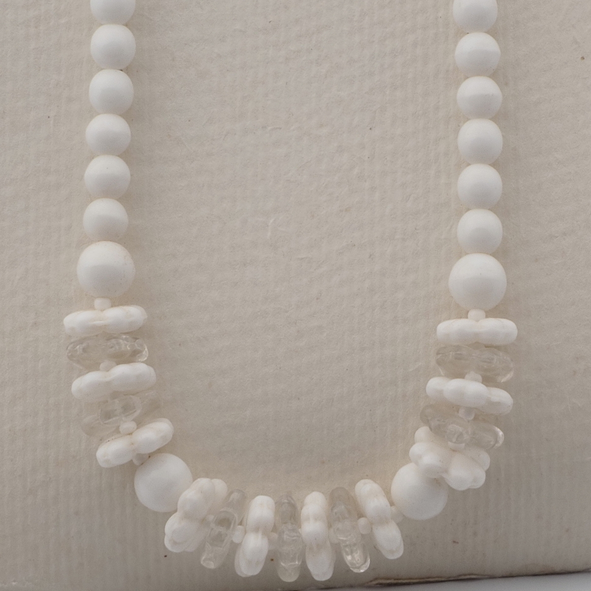 Vintage Czech necklace white clear round flower rondelle glass beads 16"