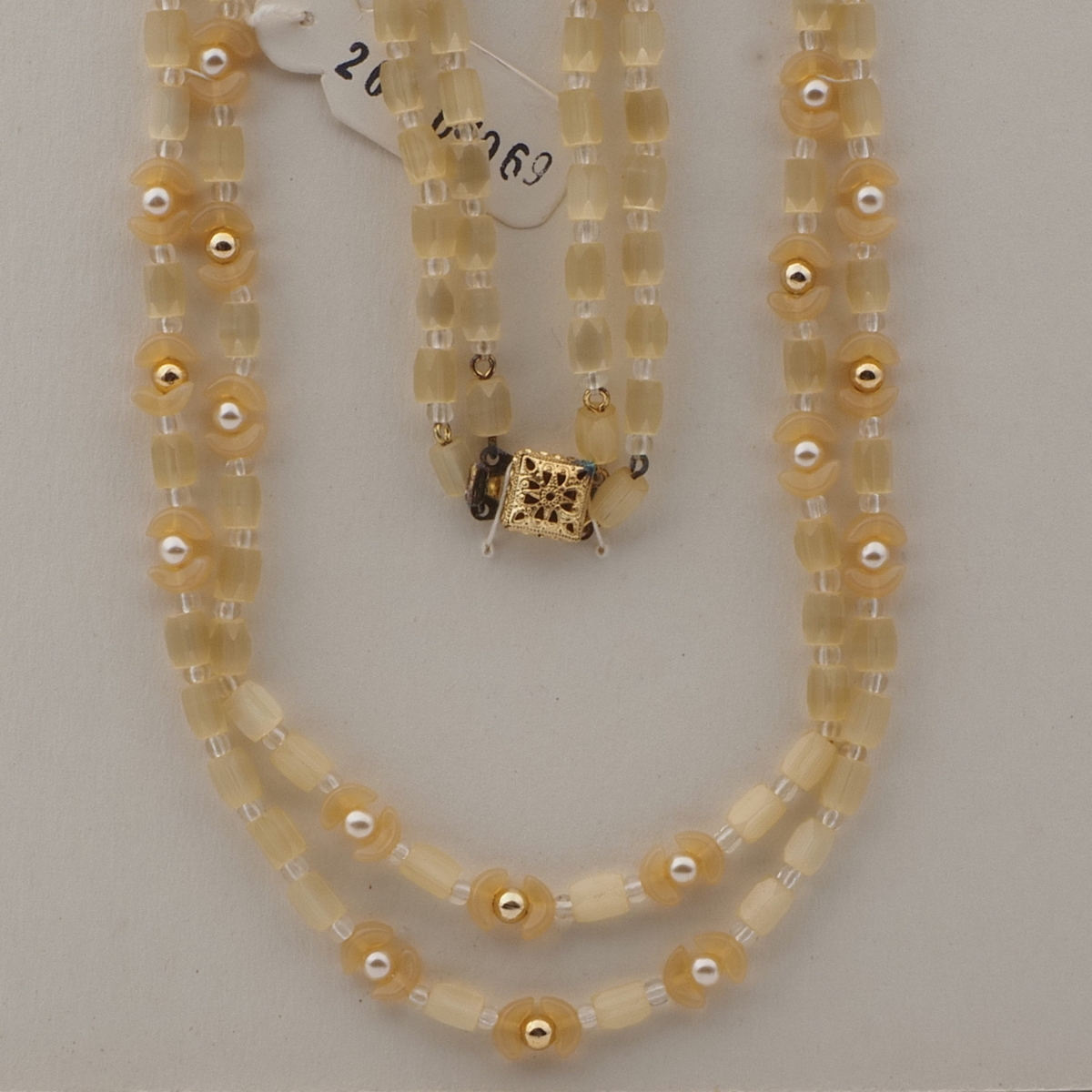 Vintage Czech 2 strand necklace light topaz satin atlas opaline pearl glass beads 26"