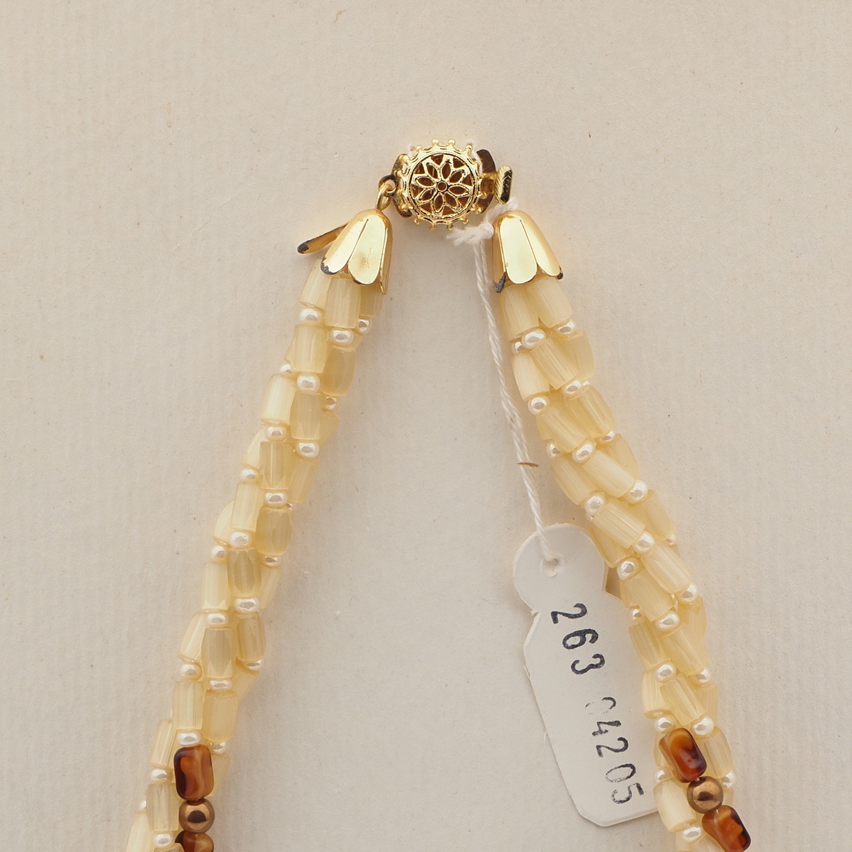 Vintage Czech 4 strand necklace yellow satin atlas marble glass beads