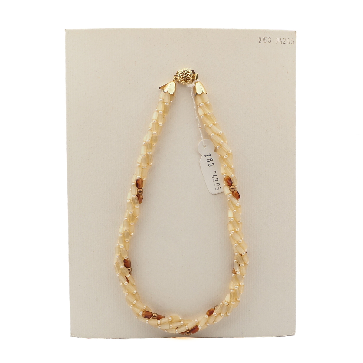 Vintage Czech 4 strand necklace yellow satin atlas marble glass beads