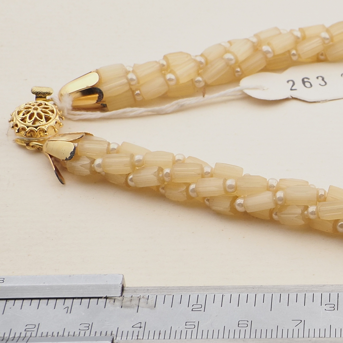 Vintage Czech 4 strand necklace yellow satin atlas marble glass beads