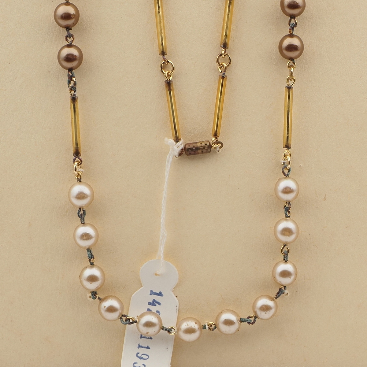 Vintage Czech link necklace metallic pearl round bugle glass beads 