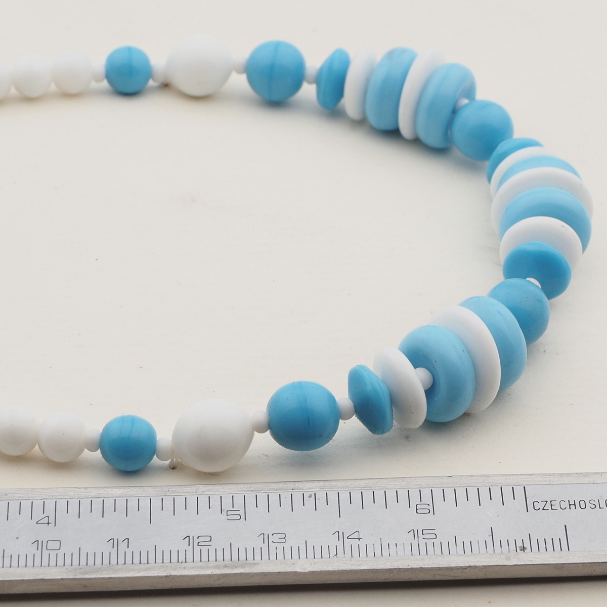 Vintage Czech necklace white blue round rondelle glass beads