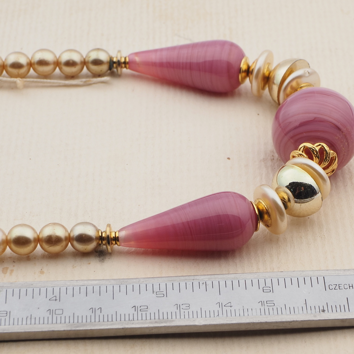 Vintage Czech necklace gold purple striped lampwork glass beads 