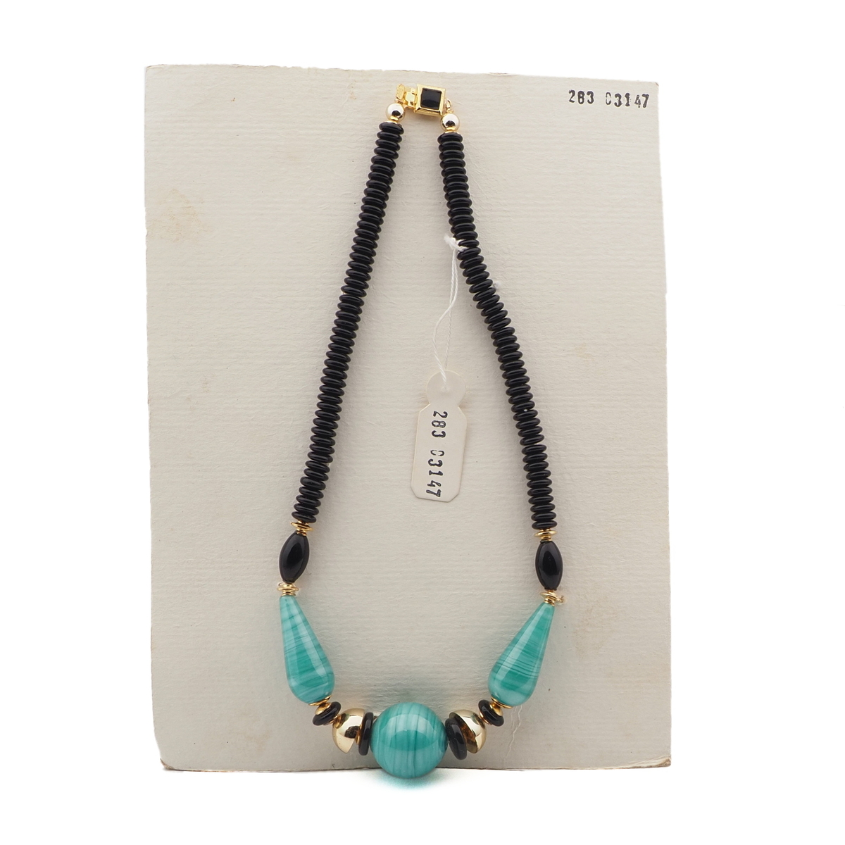 Vintage Czech necklace black green satin striped lampwork glass beads 