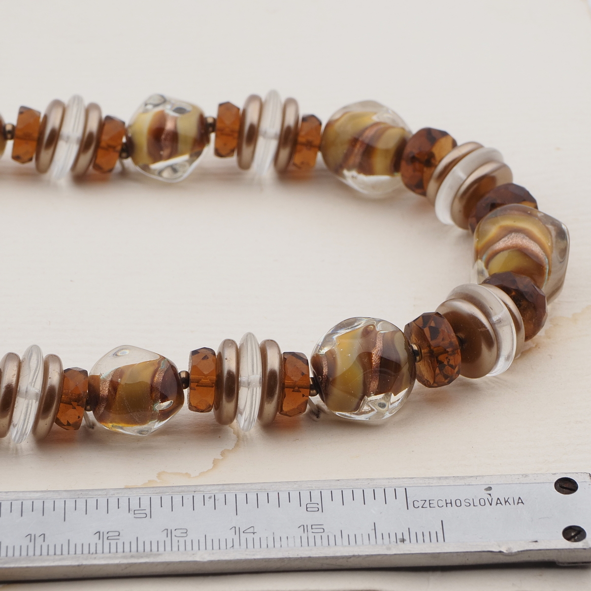 Vintage Czech necklace metallic topaz caramel lampwork glass beads 