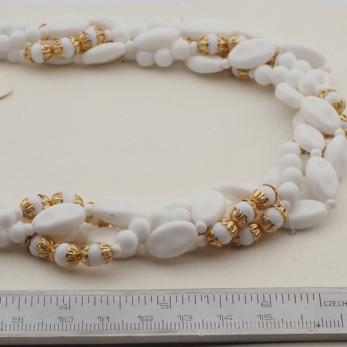 Vintage Czech 4 strand necklace white oval round glass beads 